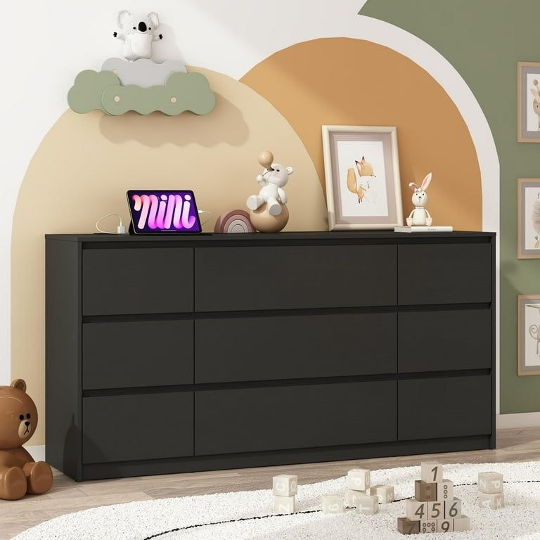 Black Dresser for Bedroom, 63 Inch Long 9 Drawers Dresser with Charging Station, Modern Large Wood Chest of Drawers Handle Free for Bedroom, Living Ro