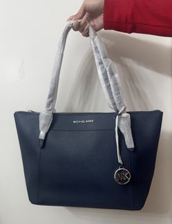 Michael Kors Ciara Large East West Top Zip Tote Navy Blue Saffiano