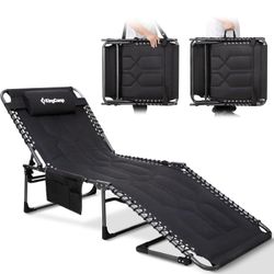 Oversized Lounge Chair, Folding Portable Adjustable 5-Position Tanning Chairs 400lbs Heavy Duty Padded Recliner with Side Pocket Pillow for Outdoor Pa