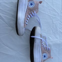  Pair of Converse Chuck Taylor All Star Move platform high-top sneakers in a storm pink color with friendship bracelet-inspired multicolored