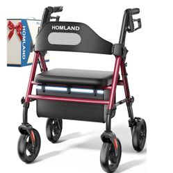 HOMLAND Foldable Rollator Walkers with Seat for Seniors, 8'' Big Wheels, 350 lb. Weight Capacity, Adjustable Handles and Seat Height, Lightweight Roll