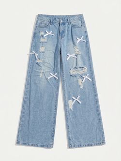 Light Wash Distressed Wide-Leg Jeans with Bow Details