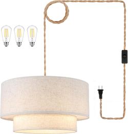 Kirahee 18" Plug in Pendant Light 2-Tier Linen Shade 15FT Cord Beige #3074B