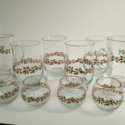 Libbey red ribbon holly & berries gold rim Set Of 10