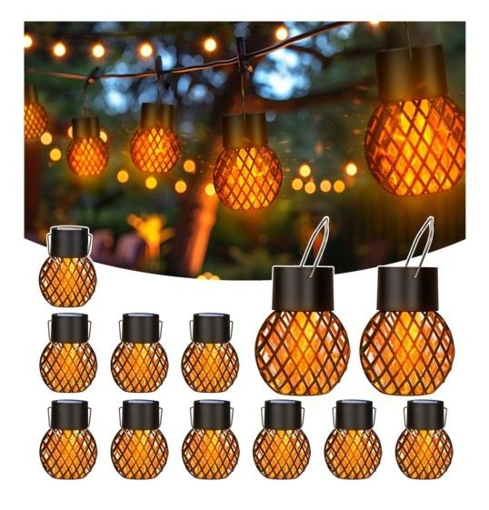 Solar Hanging Lantern Flame Lights for Outdoor Decoration. 12 pcs Pack