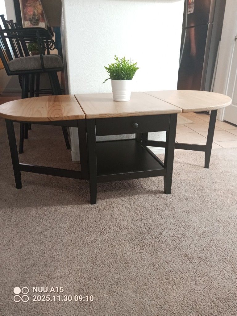 Clean great condition Ikea Arkelstorp drop leaves Black body natural wood top coffee table