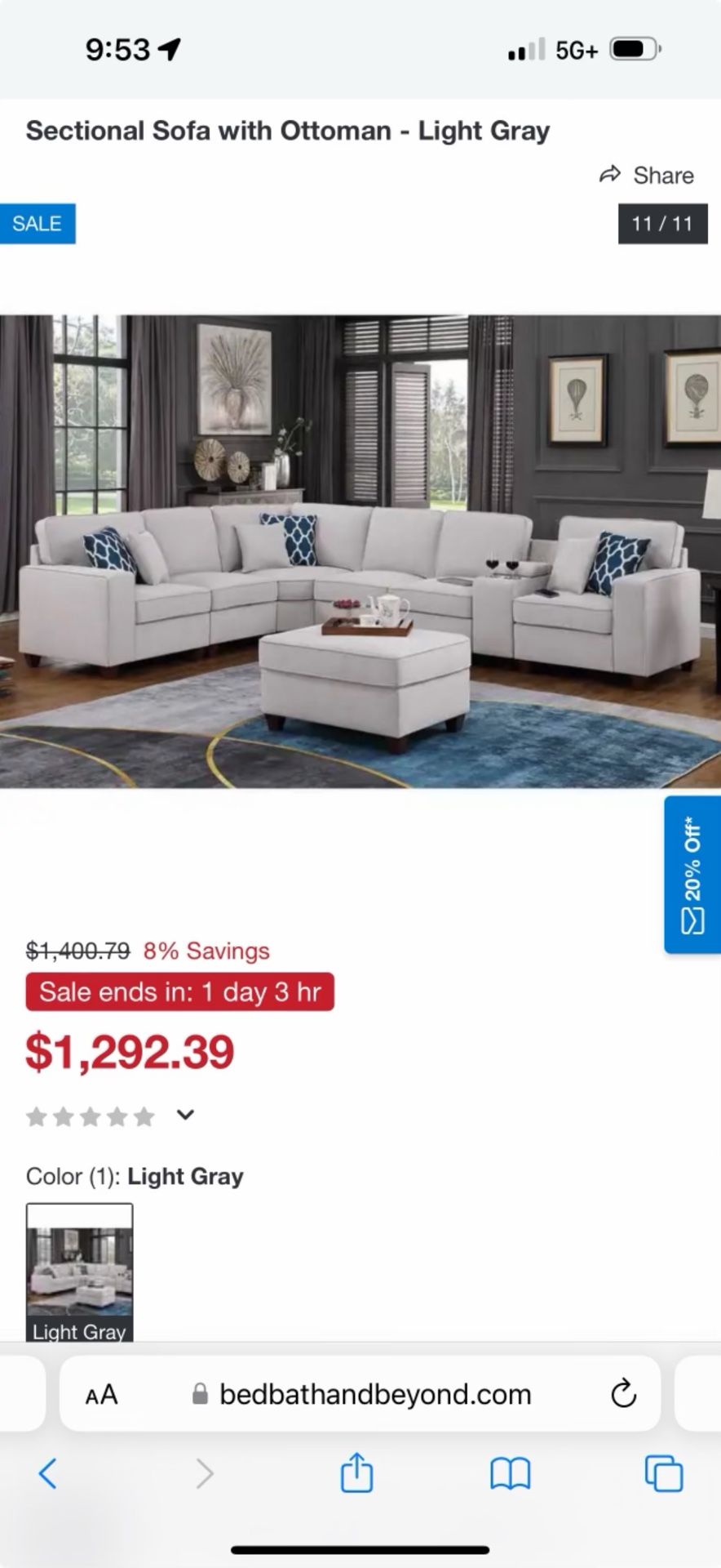 Sectional Sofa with Ottoman - Light Gray