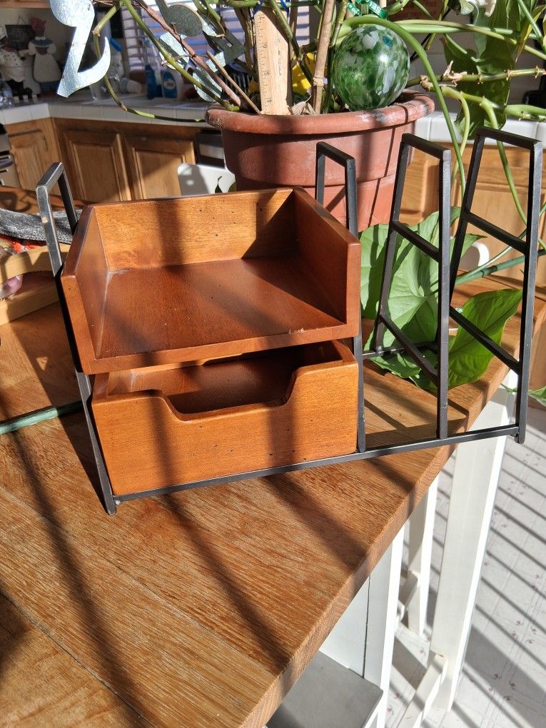 1970's Mid-century Modern Iron Teak/Mahogany Desk Organizer