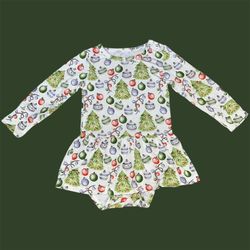 Lev Baby Christmas long sleeve bodysuit twirl dress size 12-18 months. $42 retail. Has a small untreated stain on the back of right sleeve. Everything
