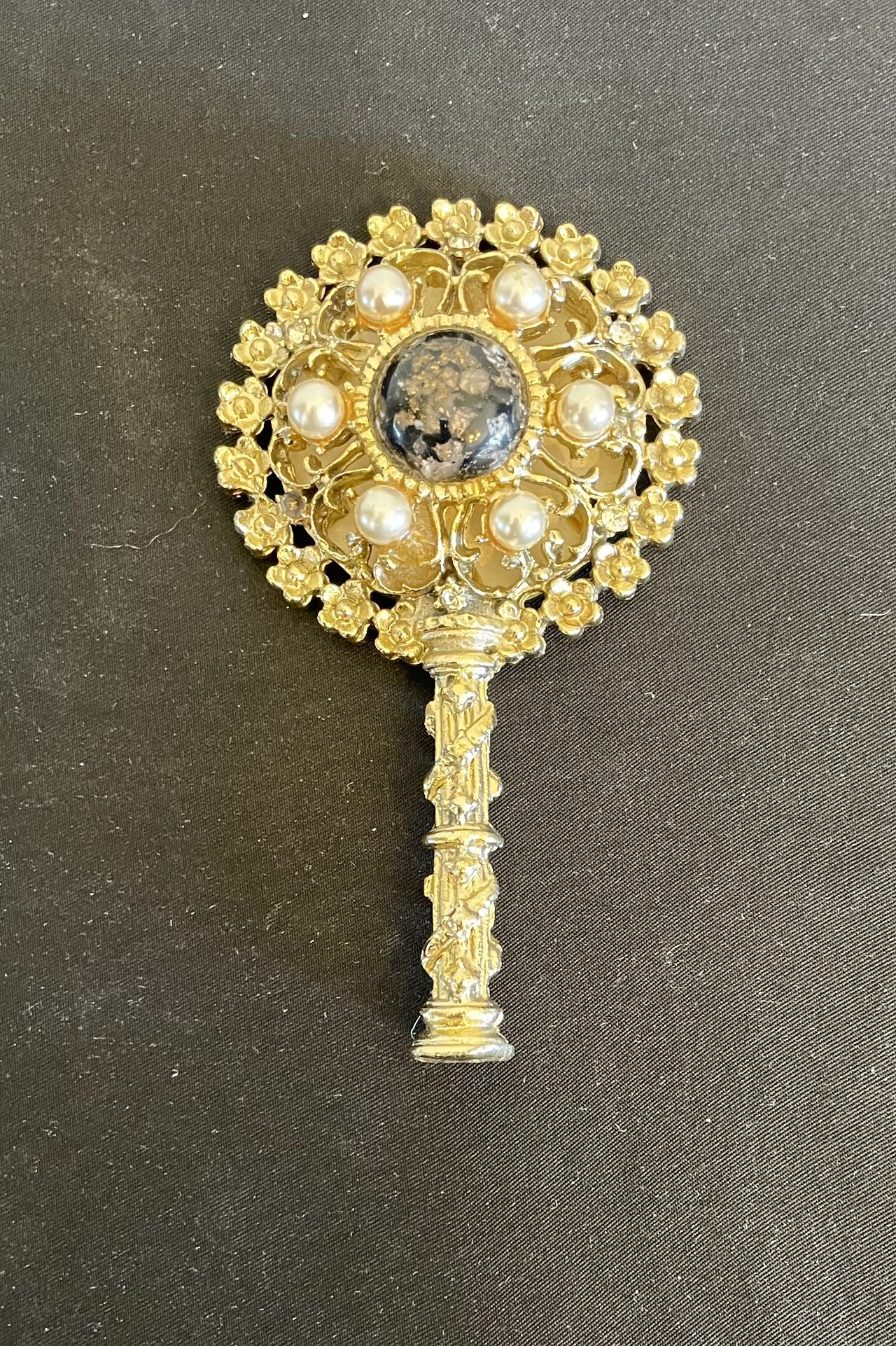 Vintage, Sam Fink Ornate Mini Hand Mirror Signed “SF”, c 1950s-1960s