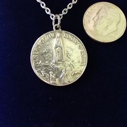 Sterling Silver Our Lady Of The Rosary Of Fatima Medal On A 24-in Stainless Steel Chain. Sacred Heart Of Jesus On Back Of Medal. Religious Jewelry.