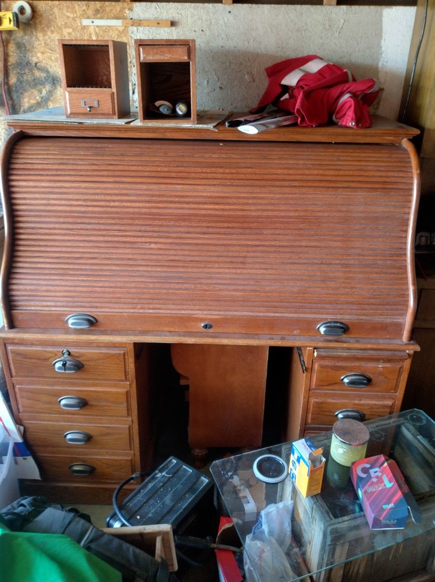 Oak Roll top Desk With Printer Stand And Extra Cabinet