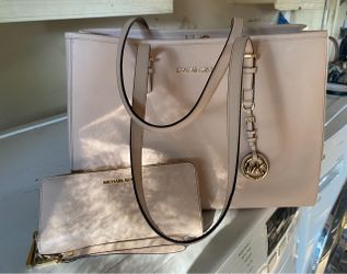 Michael Kors Jet Set Saffiano Leather Tote and Continental Wristlet Wallet Set - Powder Blush Pink