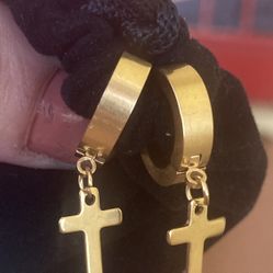 Short Thick Hoop Gold Earrings With Dangled Cross