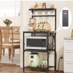 Kitchen Bakers Rack with Power Outlet, Small Coffee Bar Cart 4 Tiers, Microwave Stand with 8 Hooks, Adjustable Shelf, Freestanding Kitchen Appliance S