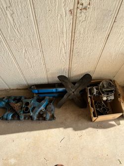 289 stock intake manifold, 2 barrel carb, Fan blade & valve covers