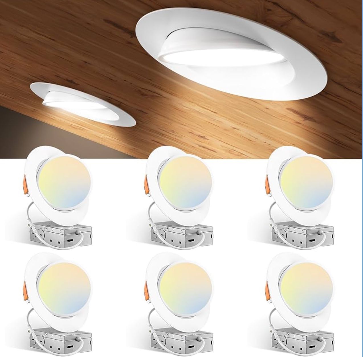 Amico 6 Pack 6 Inch 5CCT Gimbal LED Recessed Lighting, 360°&90° Adjustable Eyeball Directional Downlight, Dimmable, 2700K/3000K/3500K/4000K/5000K Sele
