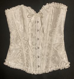 Women's White Lace Up Boned Overbust Corset Size XSmall Jacquard Bridal Romantic