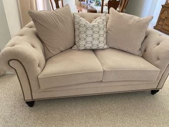 Beige Tufted Sofa and Loveseat Set with Nailhead Trim