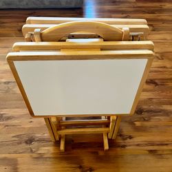 Set of Four Folding TV Tray Tables with Storage Rack