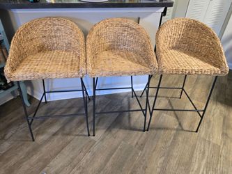 Set of 3 Woven Natural Fiber Bar Stools – Modern Coastal / Boho