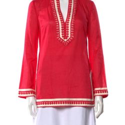 Coral red Tory Burch embroidered tunic top with long sleeves and V-neckline Size Small
