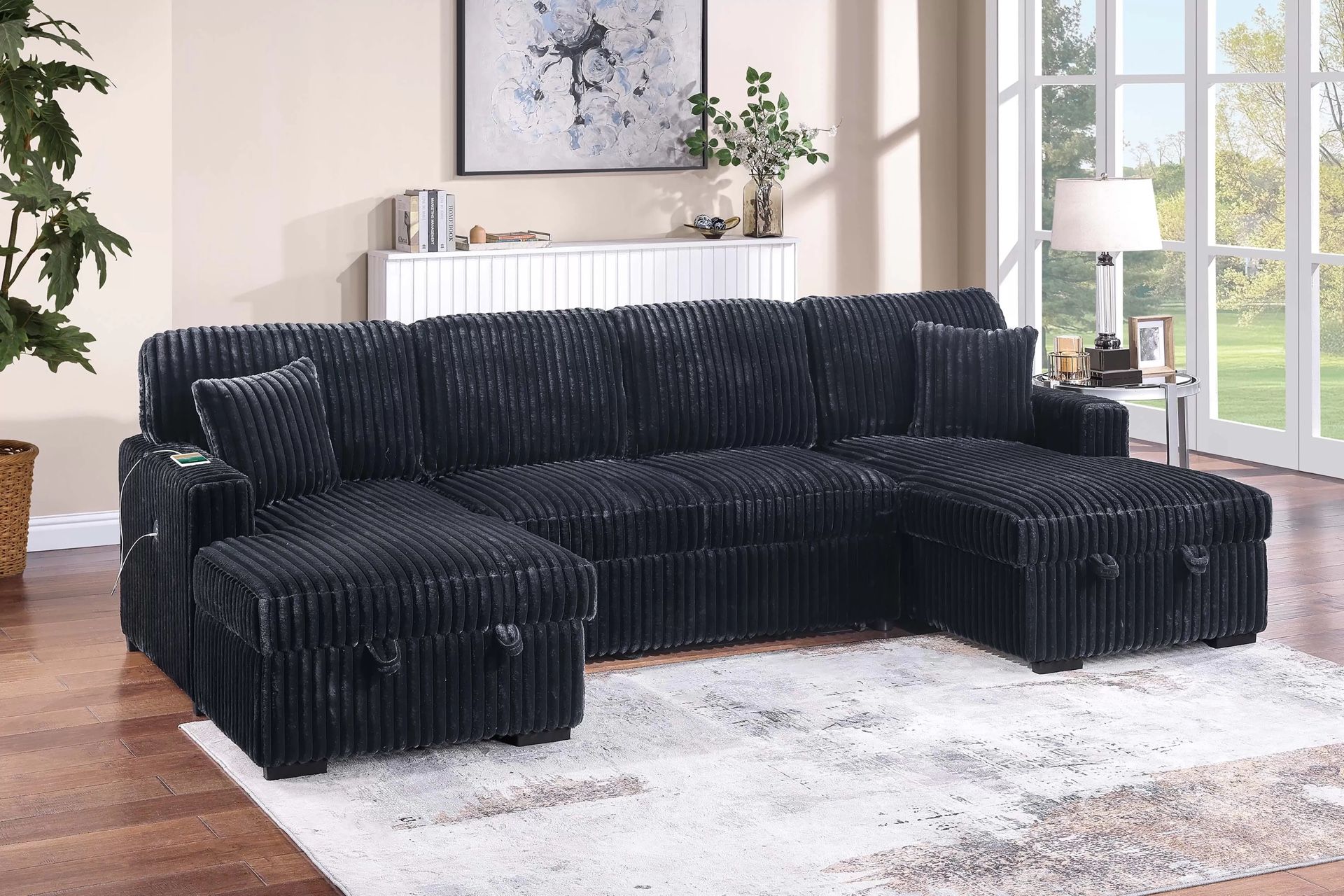 Brand New Double Chaise Black Pullout Sectional