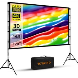 Towond 120 inch Projector Screen with Stand, 4K HD 16:9 Foldable Anti-Crease Indoor Outdoor Movie Screen, Portable Projection Screen for Backyard Thea