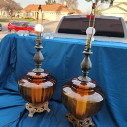 Two Amber Glass 1960s Style Hollywood Regency Lamps