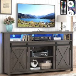 57” Wooden Farmhouse TV Stand for 60/65 inch TV,Double Layer Storage Entertainment Center TV Console Table,w Double-Row Sockets and 2 Sliding Barn Doo