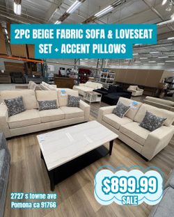 New BIEGE fabric 2pc loveseat & sofa set with accent pillows