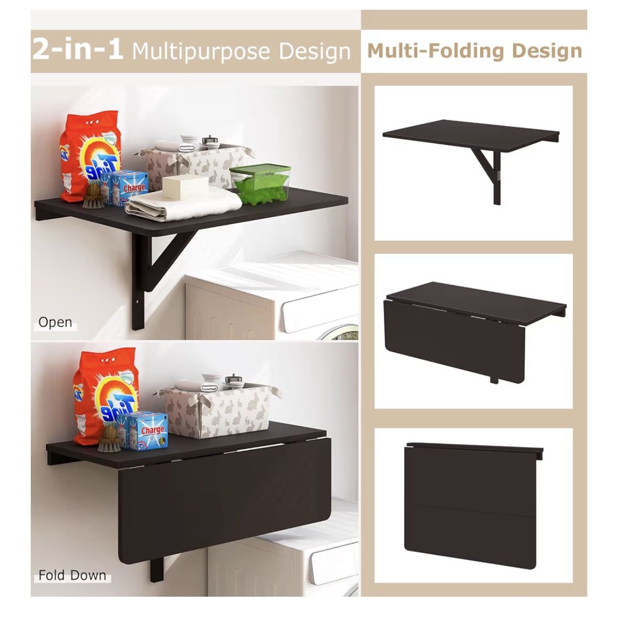 Giantex Wall Mounted Folding Table, 31.5" x 23.5" Wood Murphy Desk, Drop-Leaf Space Saving Floating Table for Small Spaces, Study, Bedroom, Bathroom