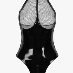 Leather Backless Halter With Fishnet Bust And Zipper Crotch Bodysuit