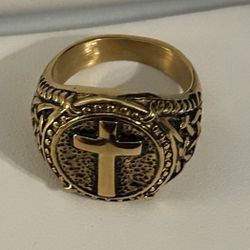 Antique  look Gold Cross Signet Ring with Ornate Detailing 