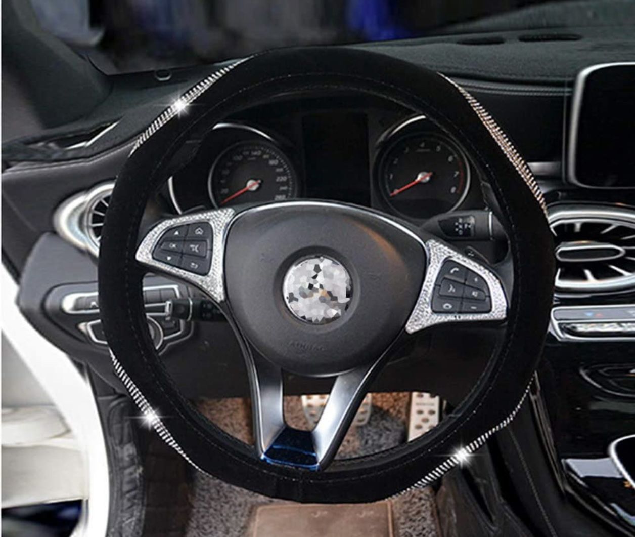 Luxury Black Plush Velvet Steering Wheel Cover, Wavy Diamonette Rhinestones
