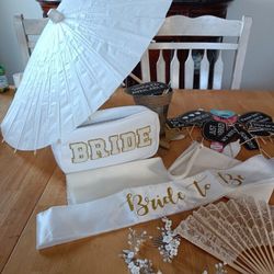 Bridal shower accessories paper parasol, lace fan, shower quiz game, photo booth props, Bride sash, makeup bag & clutch purse

Condition for all items