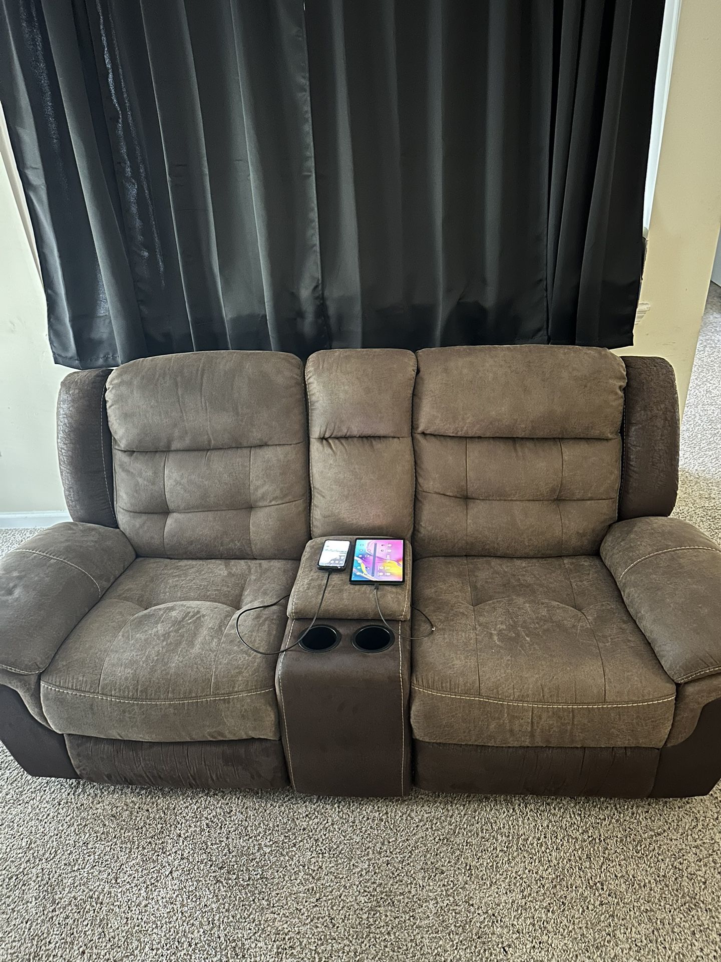 Matching Brown single and double recliner with two bar stools for sale