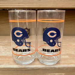 Pair Of Chicago Bears 1980s Tall Drinking Glasses By Mobil Gas - Brand New