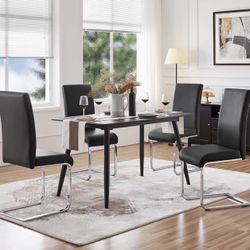 5 PCs Dining Set, Black Modern Sintered Stone Top Dining Table & 4 Black Dining Chairs with C Base
