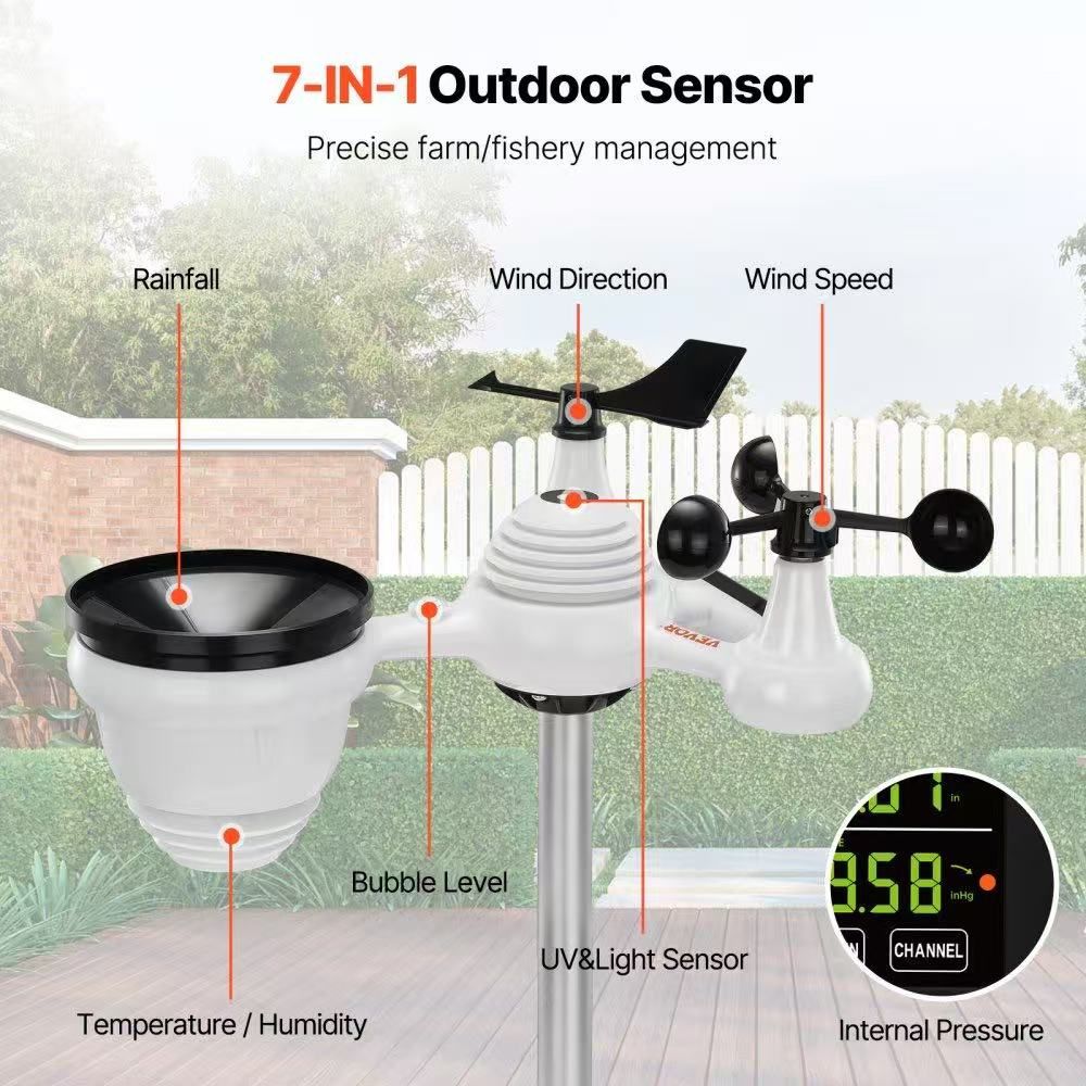 7-in-1 Wireless Weather Station, 7.5 in Color Display, Digital Weather Station Indoor Outdoor, for Temperature Humidity Wind Speed/Direction Rain UV,