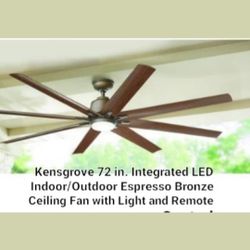 Brand New Kengsgrove 72in Integrated Led Indoor/ Outdoor Espresso Bronze Ceiling Fan With Led Lamp And Remote Control