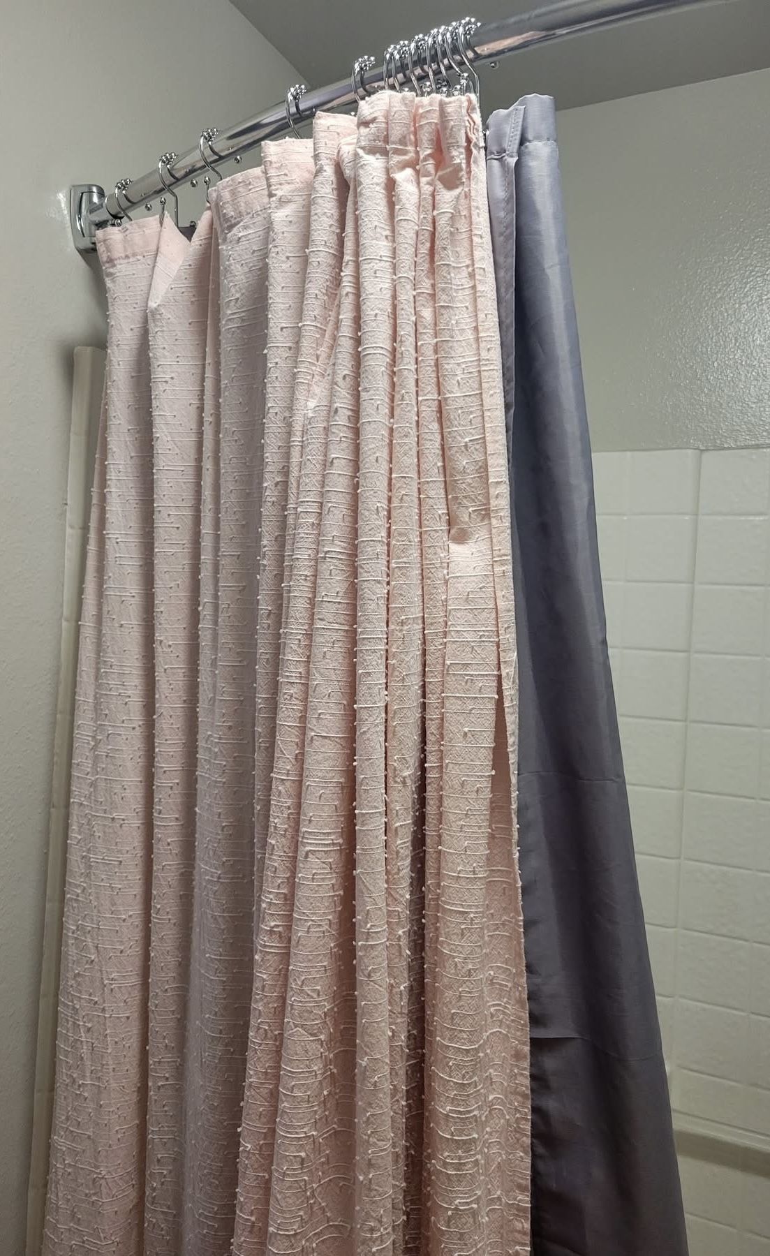 Pink shower curtain, gray mold resistant liner and rings, pick up Temple City