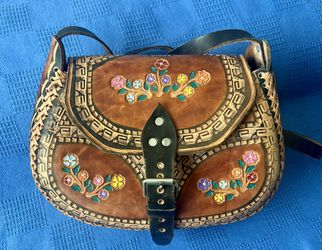 Vintage Mexican Hand Tooled Hand Painted Leather Saddle Bag