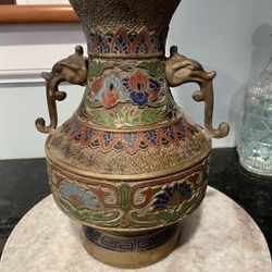 Antique Japanese Champleve Bronze & Enamel Vase