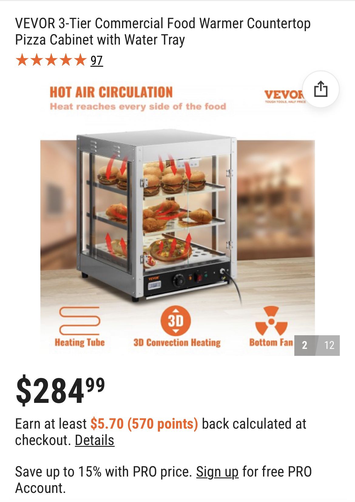 Commercial Food Warmer Display, 3 Tiers, 800W Pizza Warmer w/ 3D Heating 3-Color Lighting Bottom Fan, Countertop Pastry Warmer w/Temp Knob & Display 0