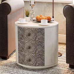 Round Light Gray 3-Drawer Nightstand,MDF Vintage Storage Cabinet for Bedroom, Living Room