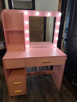 Pink Vanity Desk with Lighted Mirror