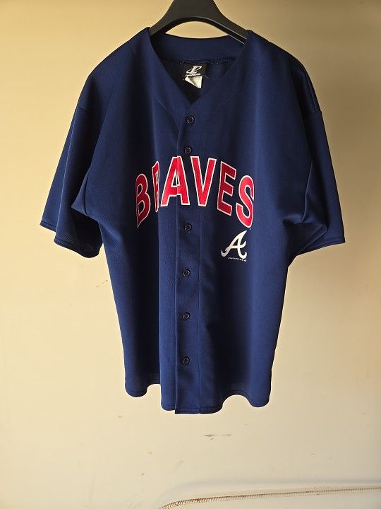 Atlanta Braves Jersey XL Blue Preowned Logo Athletics Brand Screen Printed Design 