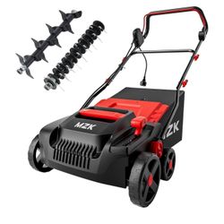 MZK 15-inch 2-in-1 Electric Dethatcher and Scarifier w/Removeable 5-Position Height Adjustment,Lawn dethatcher w/12-Gallon Thatch Collection Bag,Keep 