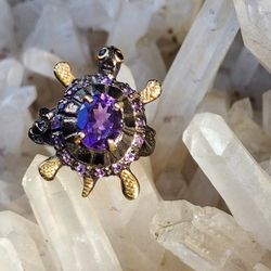 Black Rhodium Over Solid Sterling Silver Amethyst Turtle Ring Size 7.5